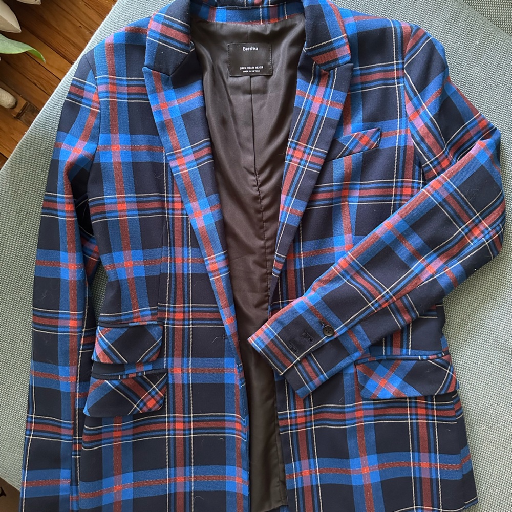 Bershka Black and Blue Plaid Blazer